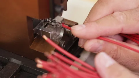 Applying wire connector terminals using a crimping machine Video stock 141210084
