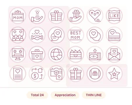 Appreciation Complete Vector Package with 24 64x64 Thin Line Grid Fitted Icon Stock Illustration
