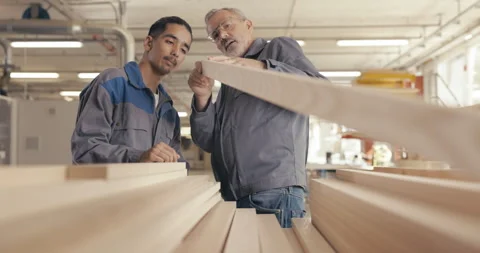 Apprentice and instructor examine wood panel in workshop Video stock 254678476