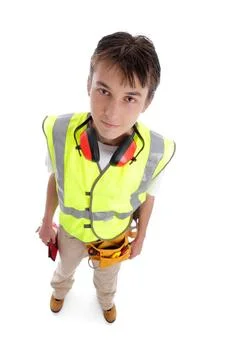 Apprentice builder Young male builder apprentice tradesman rookie wearing ... 스톡 사진