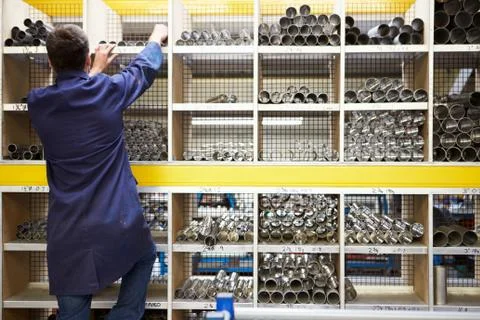 Apprentice checking stock levels in store room Stock Photos