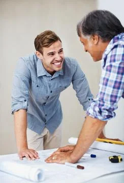 Apprentice, engineer or planning blueprint for teaching, construction sketch or Stock Photos