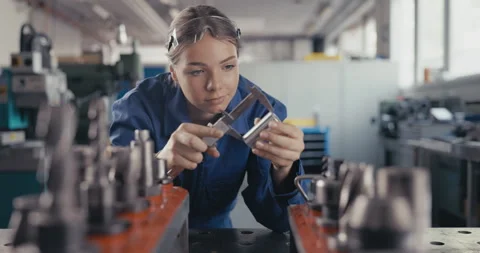 Apprentice measuring metal bolt with caliper in workshop Video stock 254680935