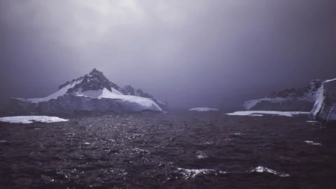 Approach to ice plateau beneath moody sky documentary frame Stock Footage 333554856