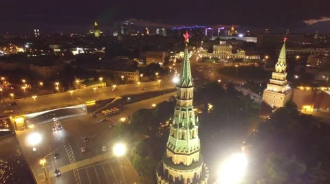 Approach to kremlin star. Best unique night flight close to Moscow Kremlin.  Stock-Footage 65565413