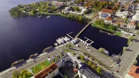 Approaching aerial shot of a harbour area in Savonlinna, Finland Stock Footage 69771753