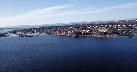 Approaching aerial view of Fram museum on Bygdoy in Oslo, Norway Stock Footage 85866867