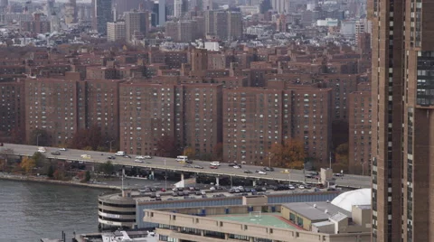 Approaching and flying close past the Projects on Manhattan's East Side. Shot in Stock Footage 59169577