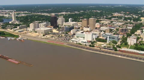 Approaching and orbiting downtown Baton Rouge near Louisiana capitol building. Stock Footage 59507023