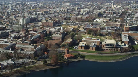 Approaching and rotating over Howard University's Upper Quadrangle in Washington Stock Footage 59209789