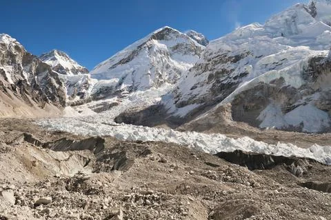 Approaching the Base Camp of Mount Everest, the camp next to the Khumbu Glaci Stock Photos