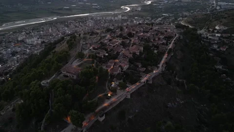 Approaching Berat Castle at Sunset Stock Footage 258382887