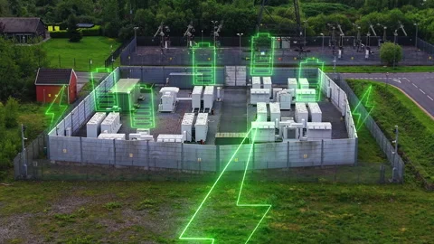 Approaching BESS Battery Energy Storage System with 3D Green Animated Charging Stock Footage 337574773