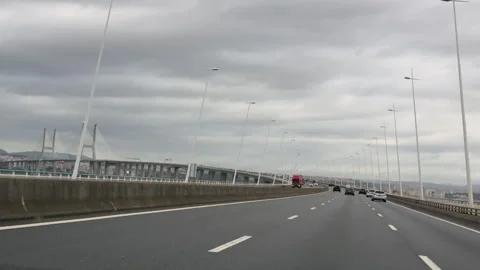 Approaching cable towers of Vasco da Gama Bridge 스톡 동영상 329776579