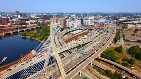 Approaching the cantilever bridge and lively road loops with lots of moving cars Stock Footage 339366280