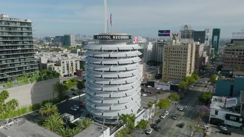Approaching Capitol Records Tower in Downtown Hollywood, Aerial Drone Shot Stock Footage 187099557