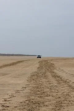 Approaching car driving through sandy tracks on vast beach Stock Photos