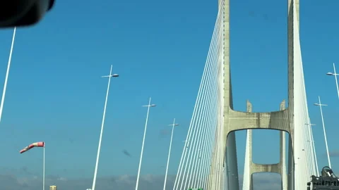 Approaching central towers of Vasco da Gama Bridge by car Stock Footage 320712883