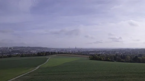 Approaching city of Ulm passing a tree on a morning in autumn aerial time lapse Stock Footage 221274475