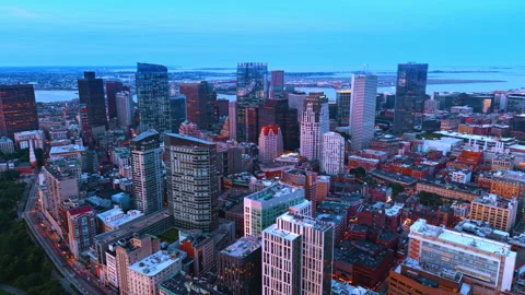 Approaching the cluster of modern high-rises in the city center. Downtown of Stock Footage 339750245