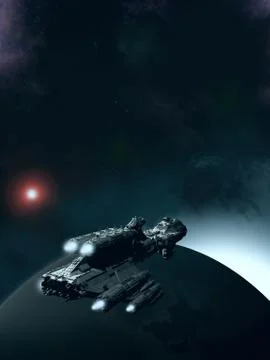 Approaching Dawn - Spaceship in Orbit Stock Illustration