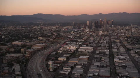 Approaching downtown Los Angeles in evening light. Shot in October 2010. Stock Footage 59526106
