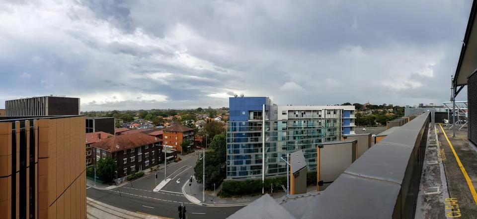 Approaching dramatic storm clouds viewed from the rooftop of Tyree Stock Photos