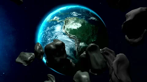 Approaching the Earth of asteroids from cosmos. Avalanche of asteroids is moving Stock Footage 160888049
