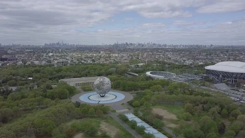 Approaching Flushing Meadows Globe from Above Stock Footage 75624814