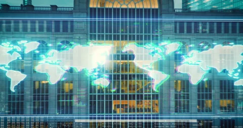 Approaching Global office building windows in a Tech City Skyline - 3D Vídeos de archivo 195666780
