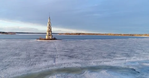 Approaching Kalyazin Bell Tower Stock Footage 73820046