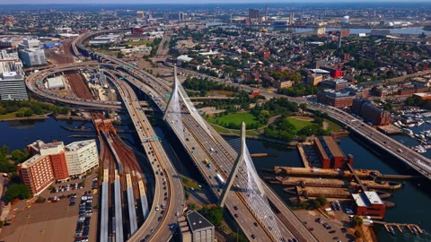 Approaching the Leonard P. Zakim Bunker Hill Memorial Bridge across the Charles Stock Footage 339366307