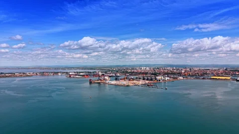 Approaching modern maritime facility against cloudy sky. Port of a large city Stock Footage 336267373