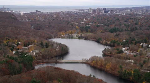 Approaching New Haven, Connecticut over Davis Street Bridge, looking down Stock Footage 59169551