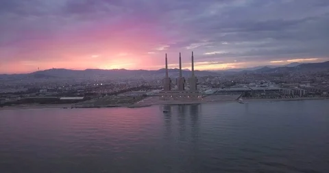 Approaching from the Sea to Three Huge Chimneys at Dusk, 4k Stock Footage 116059059