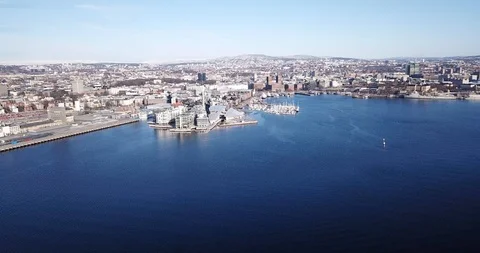 Approaching shot of Aker Brygge district in Oslo, Norway Stock Footage 85866745