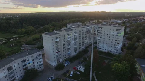 Approaching to the soviet town at sunset Stock Footage 113275040