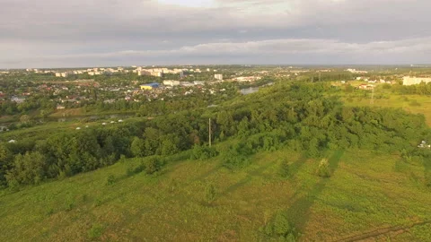 Approaching to the soviet town at sunset Stock Footage 113334924