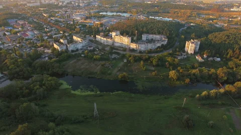 Approaching to the soviet town at sunset Stock Footage 113539455