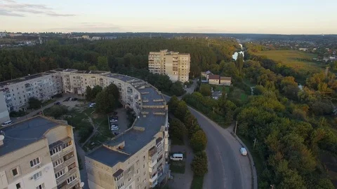 Approaching to the soviet town at sunset Stock Footage 120773664