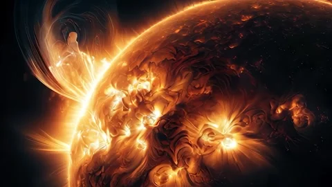 Approaching the surface of the sun as solar flares burst into space Stock Footage 290047525