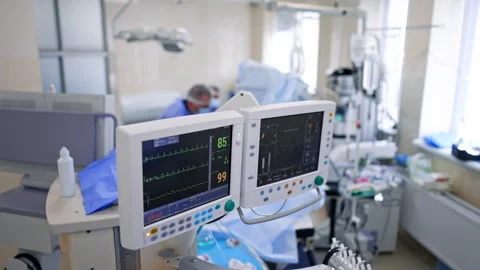 Approaching switched on monitors of lung ventilating machine Stock Footage 260007568