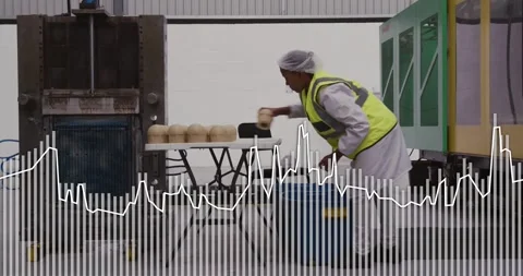 Approaching table, factory worker picking round food items from blue crate, Stock Footage 331085391
