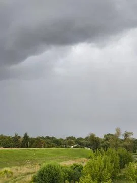 An approaching thunderstorm over a green hill and a line of trees in the 스톡 사진