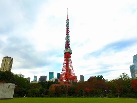 Approaching the Tokyo tower Stock Footage 82345384