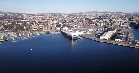 Approaching top-down shot of Colorline ferry in Oslo, Norway Stock Footage 85866899