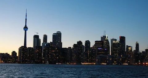 Approaching the Toronto Skyline in HD and 4K at night with lights 動画素材 86647859