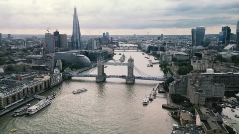 Approaching Tower Bridge Aerial view over River Thames London Video stock 301902451