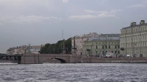 Approaching the Troitsky Bridge across Neva in St. Petersburg by boat Stock Footage 65797732