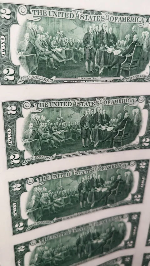 Approaching the uncut two dollar bills reverse side up. Unfocused effect. Close Stock Footage 325079628